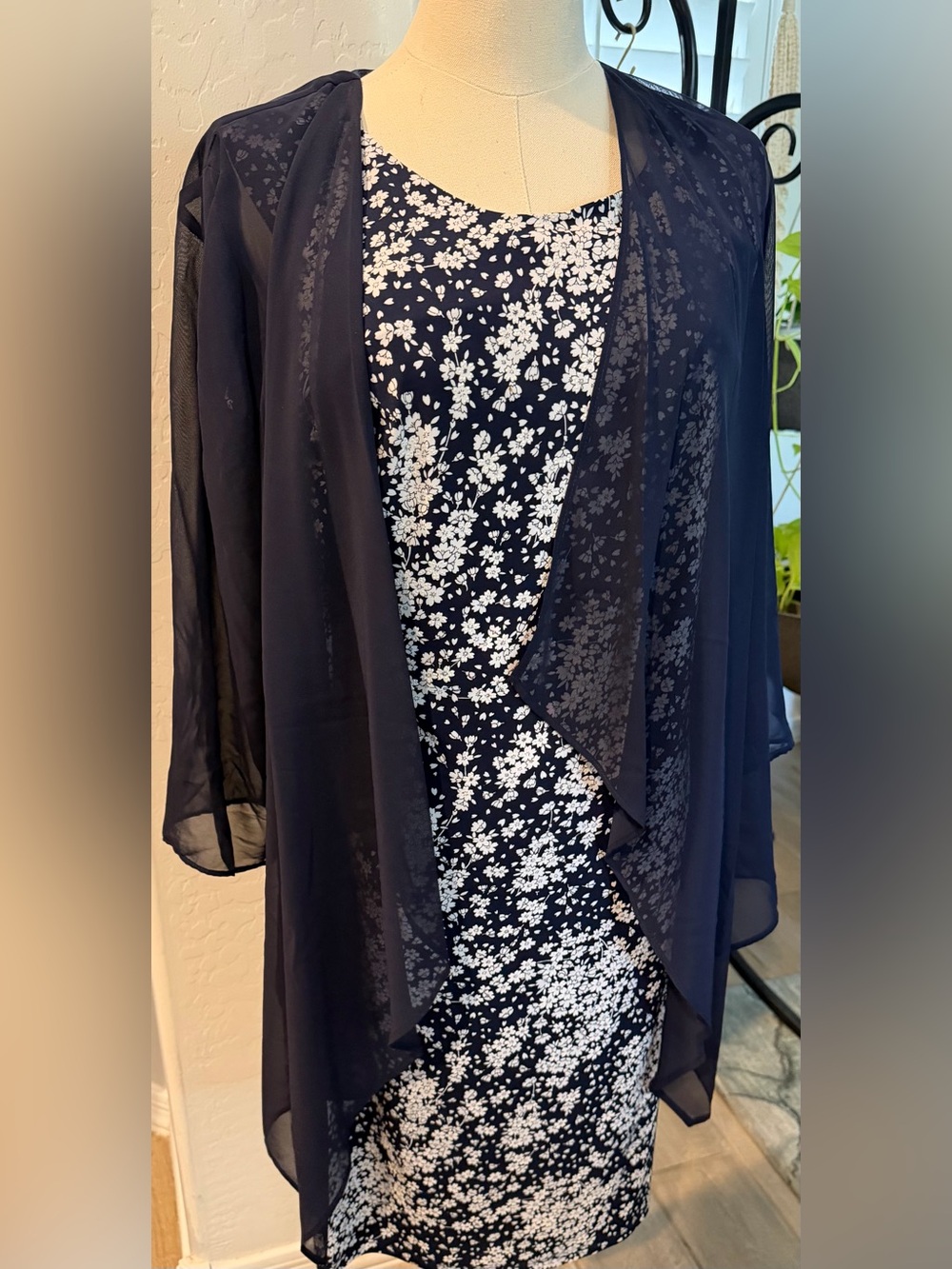 R&K Navy and White Floral Dress with Sheer Navy overtop.  Like new.